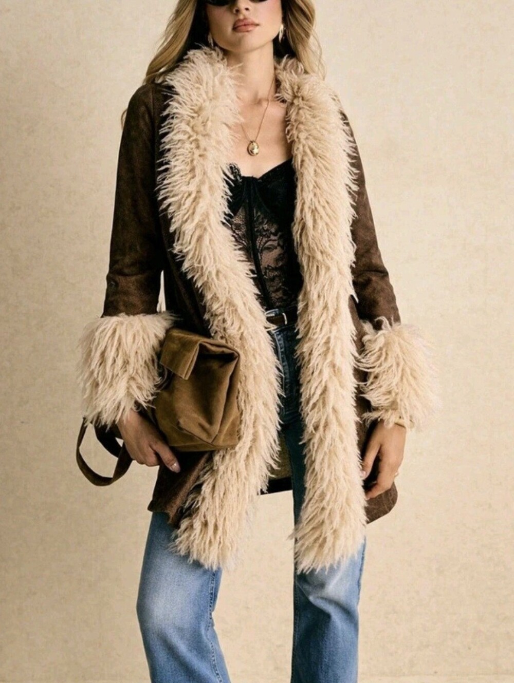 Women's Boho Chic Faux Fur Trim PU Leather Coat,Elegant Mid-Length Shaggy Lined